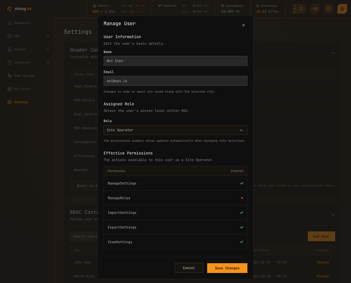 Manage User dialog